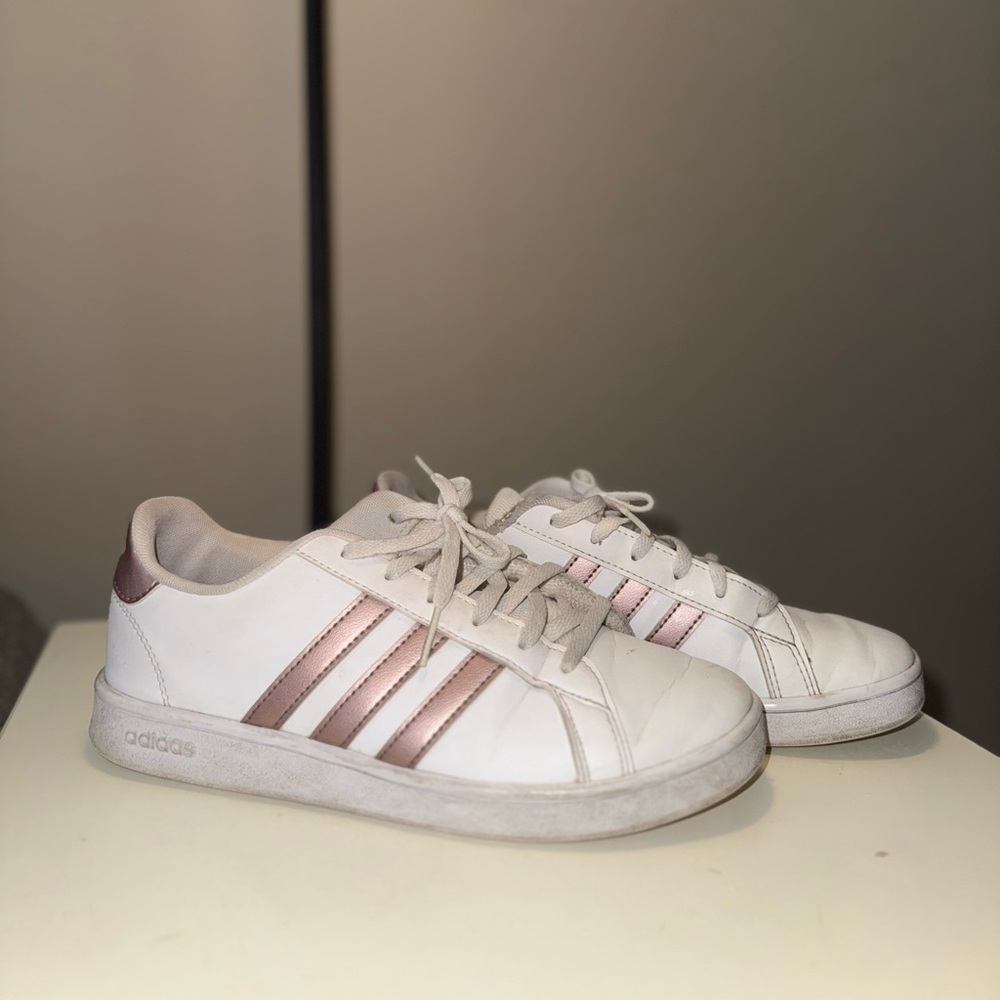 Adidas White Sneakers with Pink Stripes